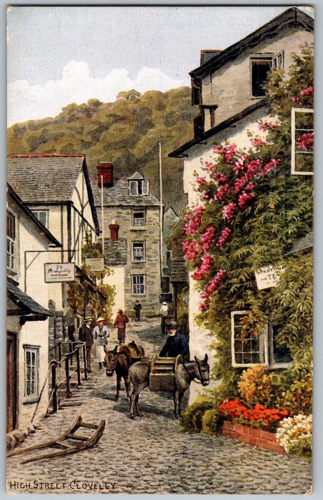 Antique Postcard High Street Donkey Clovelly, Devon, England 1910s