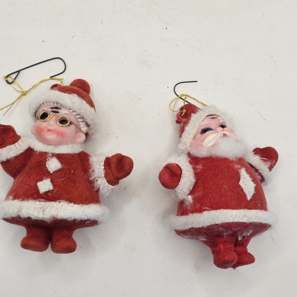 Vintage 50s Pixie Santa and Mrs Claus Plastic Flocked Red Felt Ornaments Pom Pom