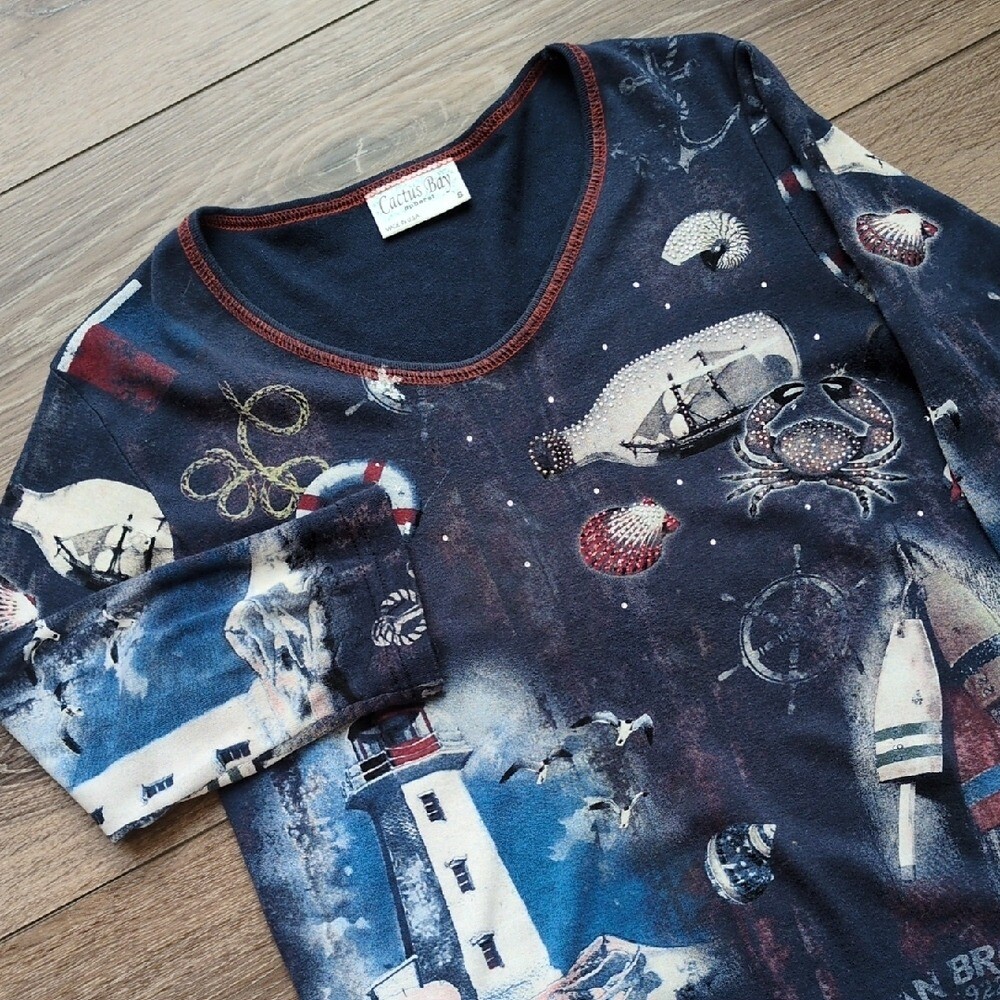 Cactus Bay Apparel Nautical Beach Lighthouse 3/4 Sleeve Shirt - Cotton USA - S