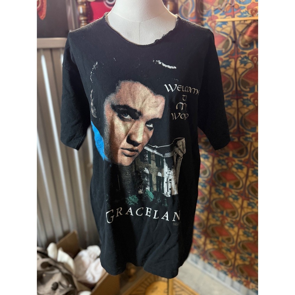 Vintage 1995 Elvis Presley Graceland T-Shirt Black Single Stitch 90s Rock Tee