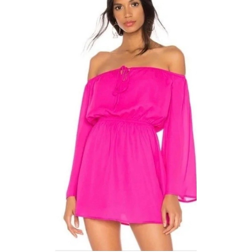 Revolve Superdown Hot Pink Jazzie Off Shoulder Bell Sleeve Smocked Mini Dress XS