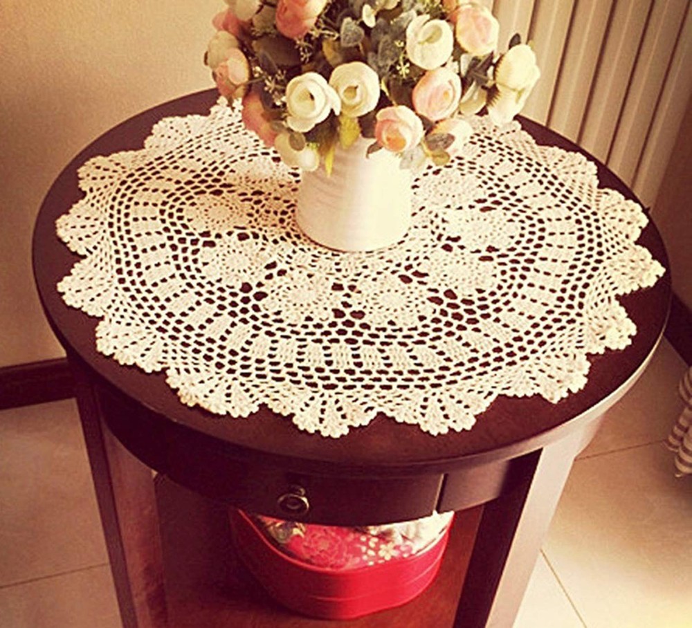 Beige Cotton Handmade Crochet Lace Tablecloth Doilies Table Overlay,Round,19 ...