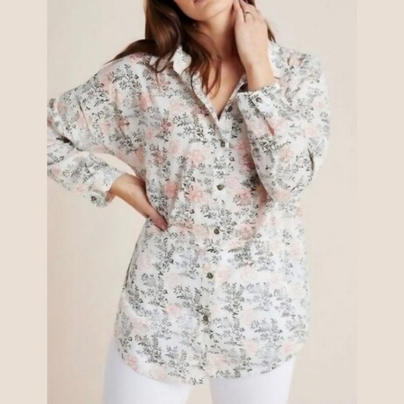 Anthropologie Plus Size 2X Enchanted Floral Button Down Top Cotton Embroidered