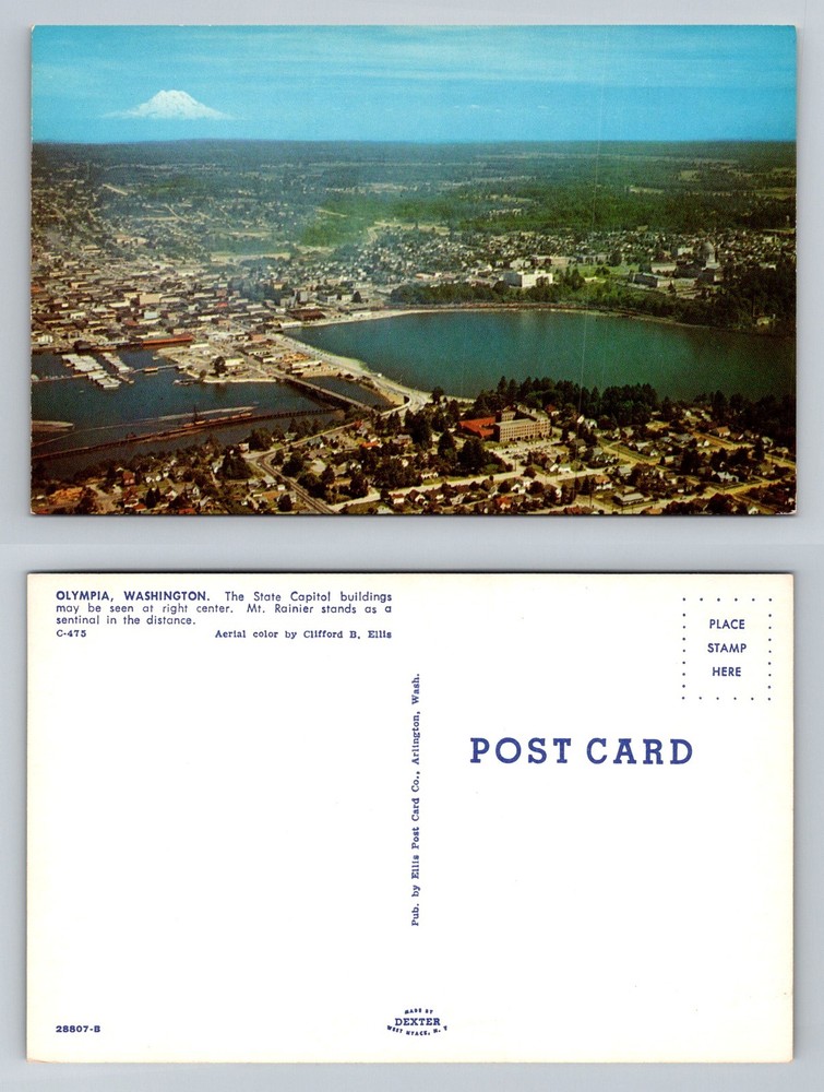 Olympia WA-Washington Capitol and Mt Rainier Aerial Harbor View Vintage Postcard