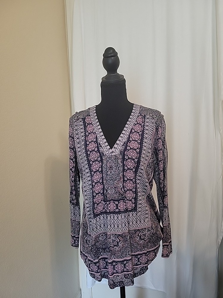 Lucky Brand Women's Boho Peasant Top Navy Blue, Pink  Long Sleeve, L