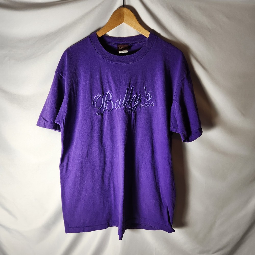 Vintage Bally’s Las Vegas T-Shirt Purple Embroidered Logo XL Made in USA 90s