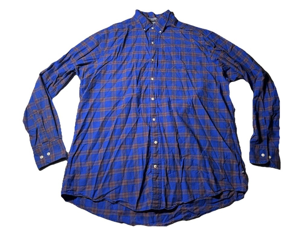 NAUTICA Men’s Sz 2XLT 100% Cotton Blue Orange Plaid Button Down Shirt