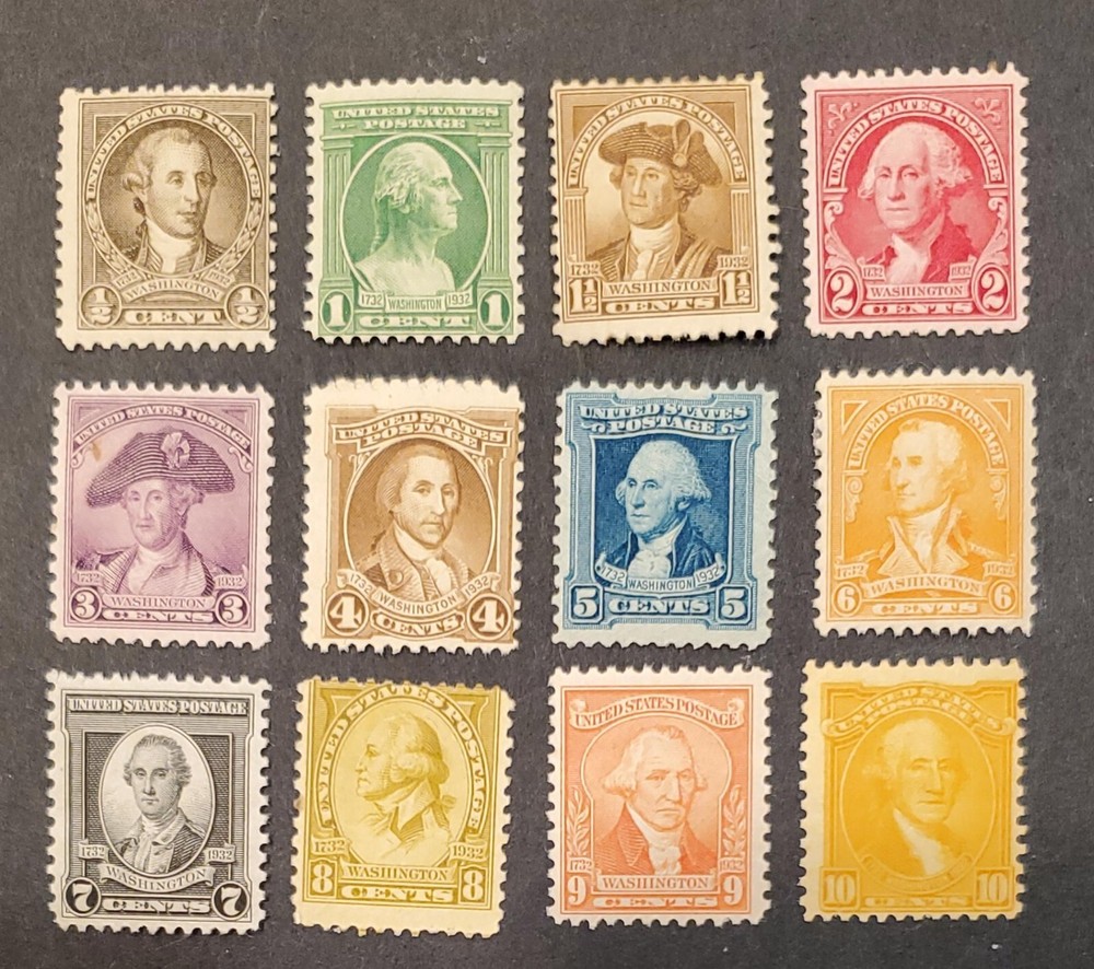 USA 1932 Scott #704-715 MH or MNH; Washington Bicentennial 1 cent to 10 cents