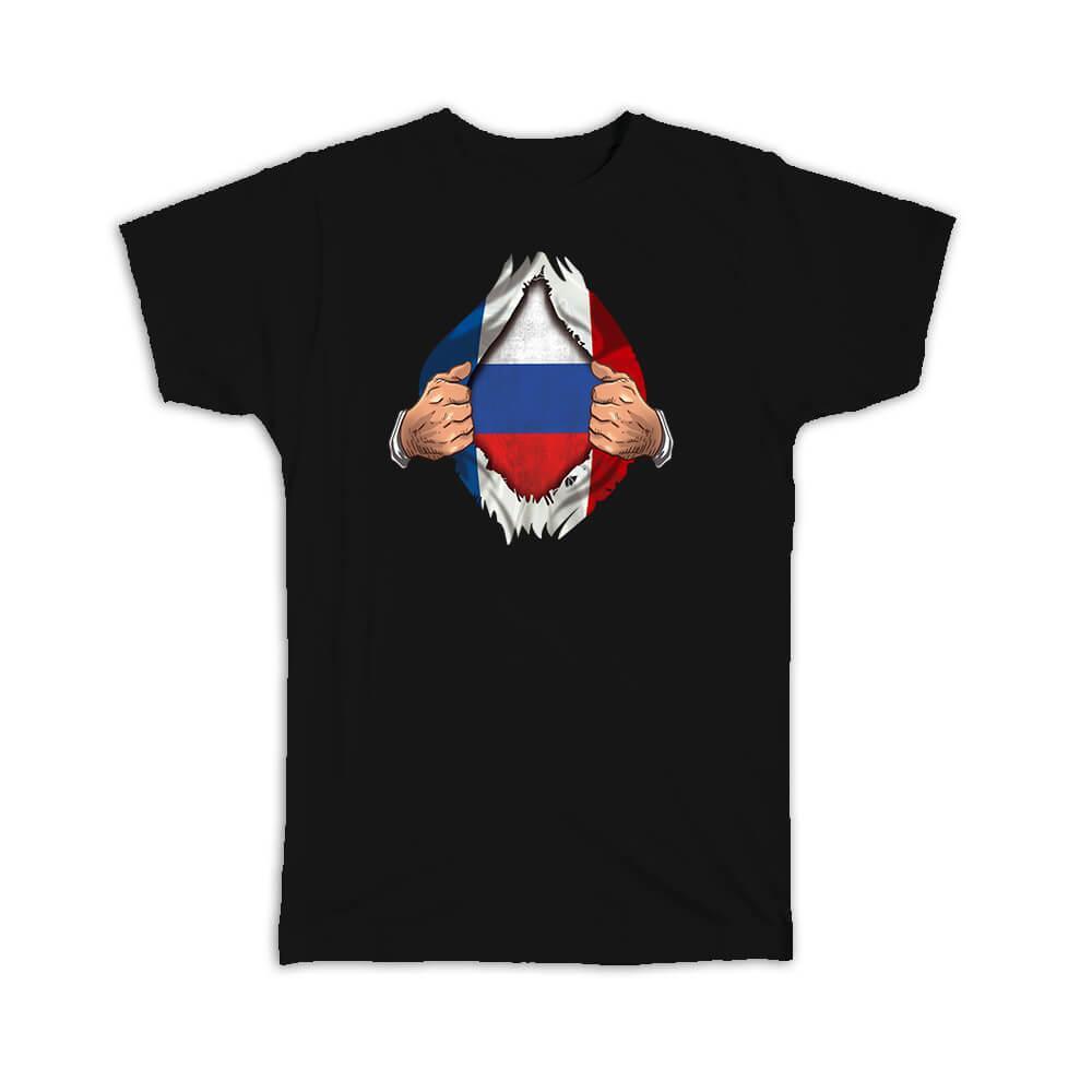 Russian French Flag Friendship T-Shirt - Patriotic Chest Design