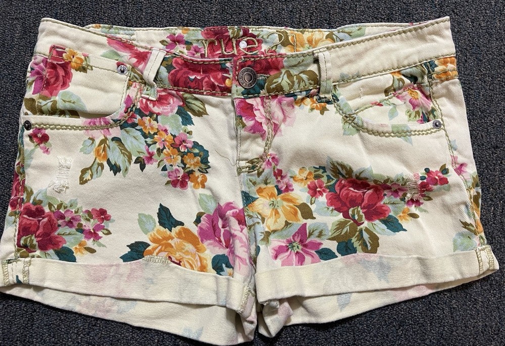 Women's Rue21 Yellow Denim Floral Cuffed Shorts With Green Stitching Size 11/12