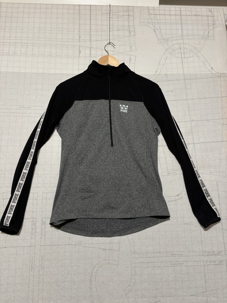 Victoria's Secret Pink Sz Medium Long Sleeve Half Zip  Pullover Shirt Black Gray