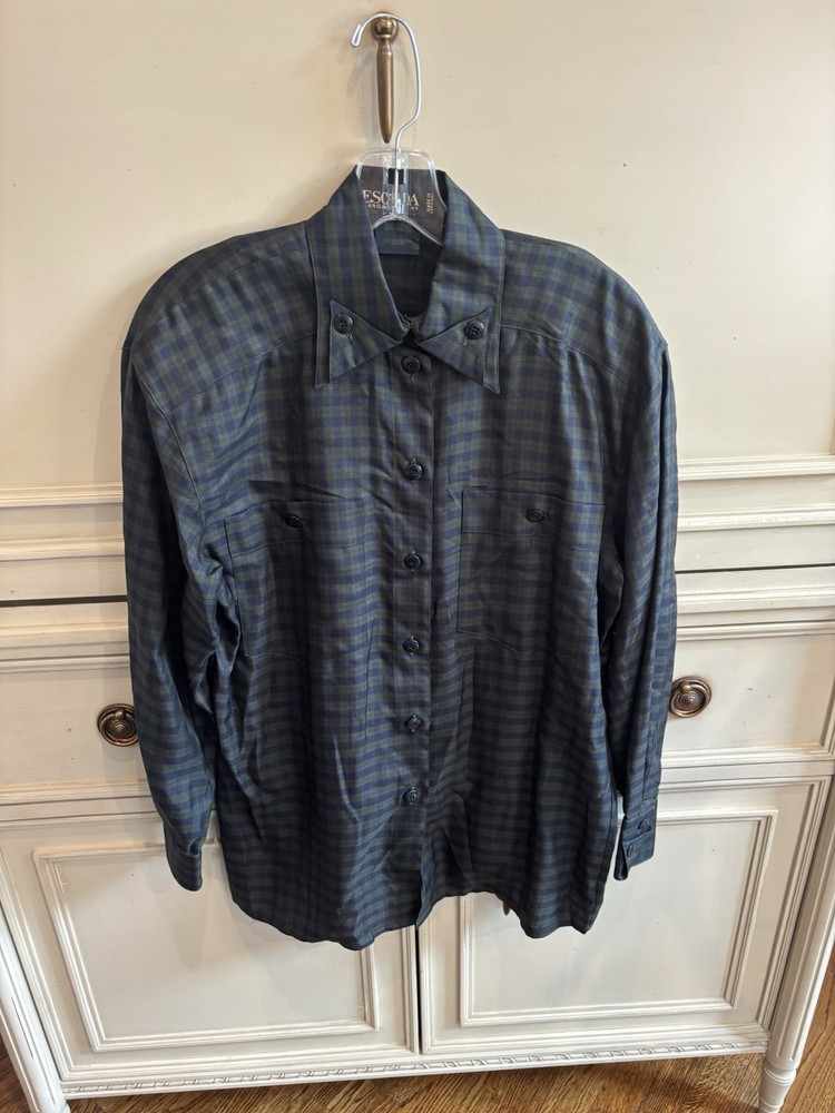 Escada Margaretha Ley Green Blue Plaid Button Up Long Sleeve Silk Blouse 34/4