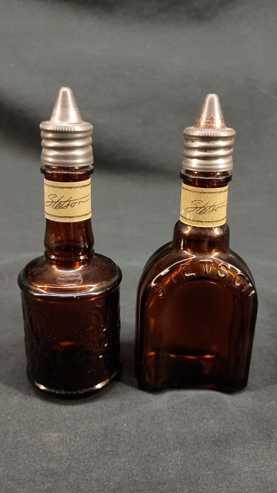 Vintage 1980's Empty Stetson Cologne Bottles Set of 2 Amber Glass w/Metal Caps