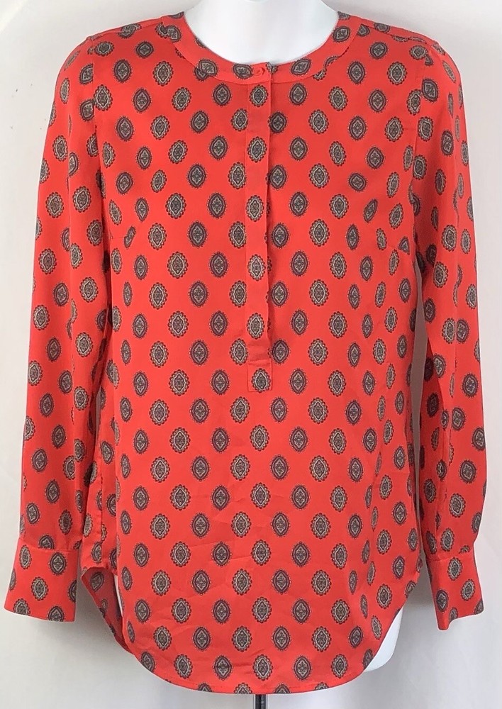 J Crew Red Geo Print Silky Blouse XXS Long Sleeve Half-Button Office Wear