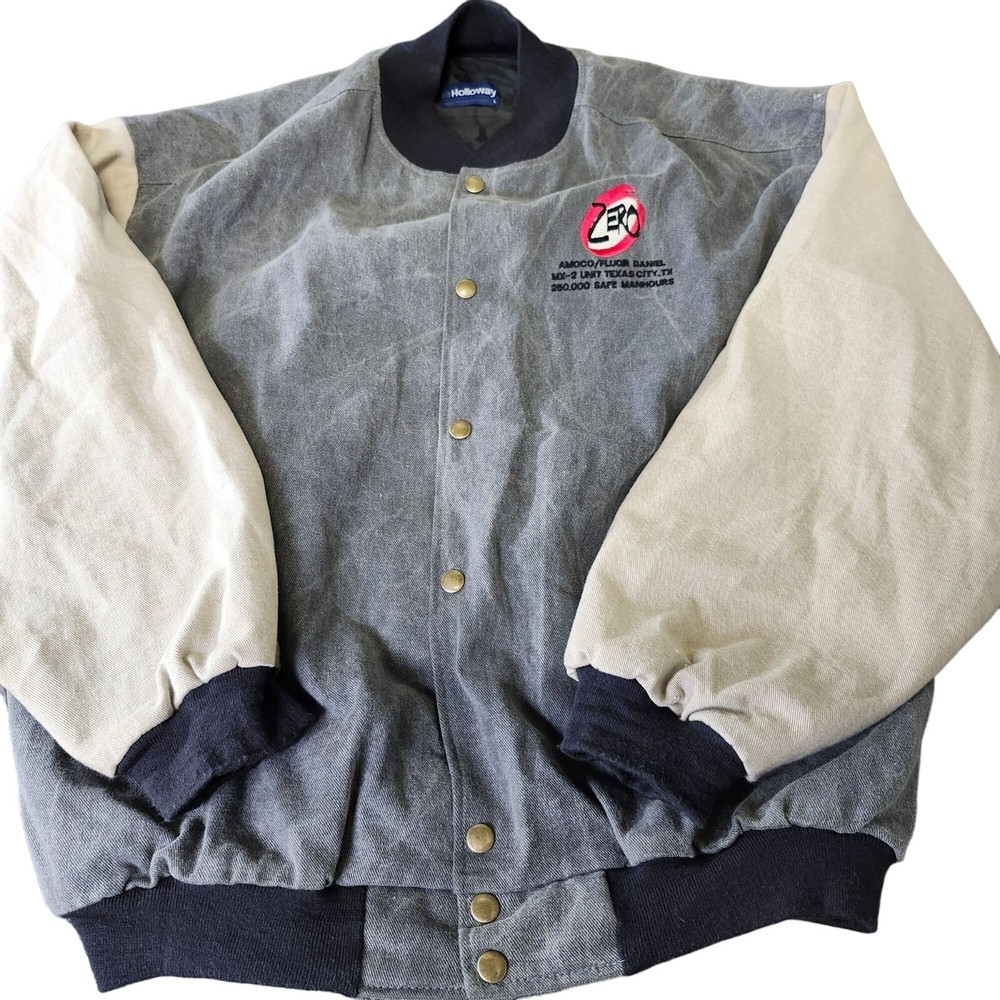 Amoco Fluor Safety Jacket Holloway Mens Large Gray Beige Zero Logo