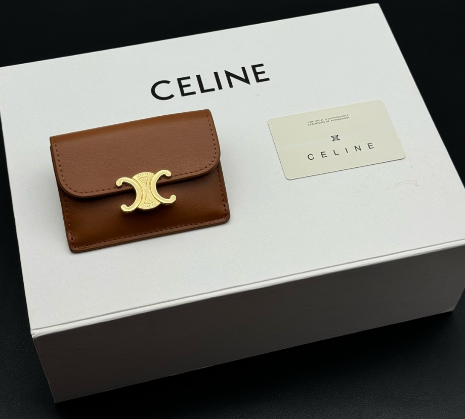 CELINE Triomphe Leather Card Holder Brown Gold Logo New