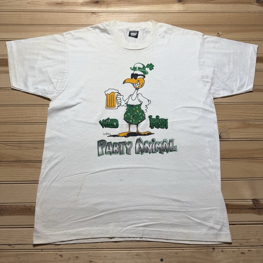 Vintage 80s Wild Irish Duck Party Animal Funny Cartoon Beer Shirt Size XL