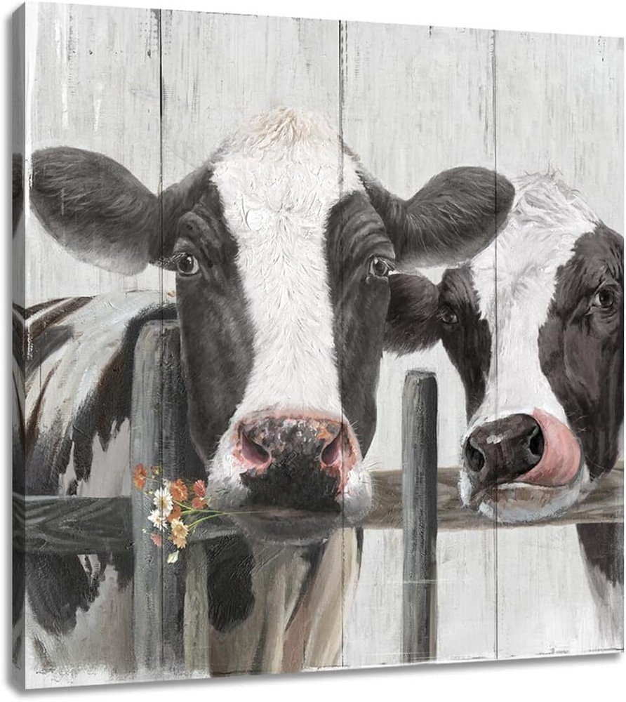 Couple Cow Pictures Wall Decor, Love themed Canvas Wall Art Print, curious cow P