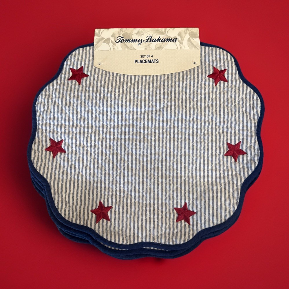 Tommy Bahama Patriotic Set of 4 Placemats Red White Blue Star Embroidered New