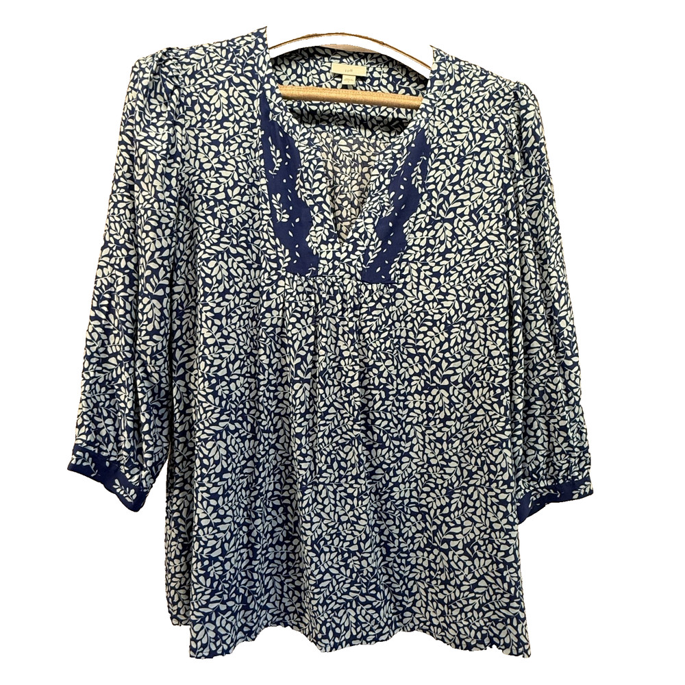 J.Jill Women's Large Blue Botanical Leaf Print Rayon Blouse Boho Tunic