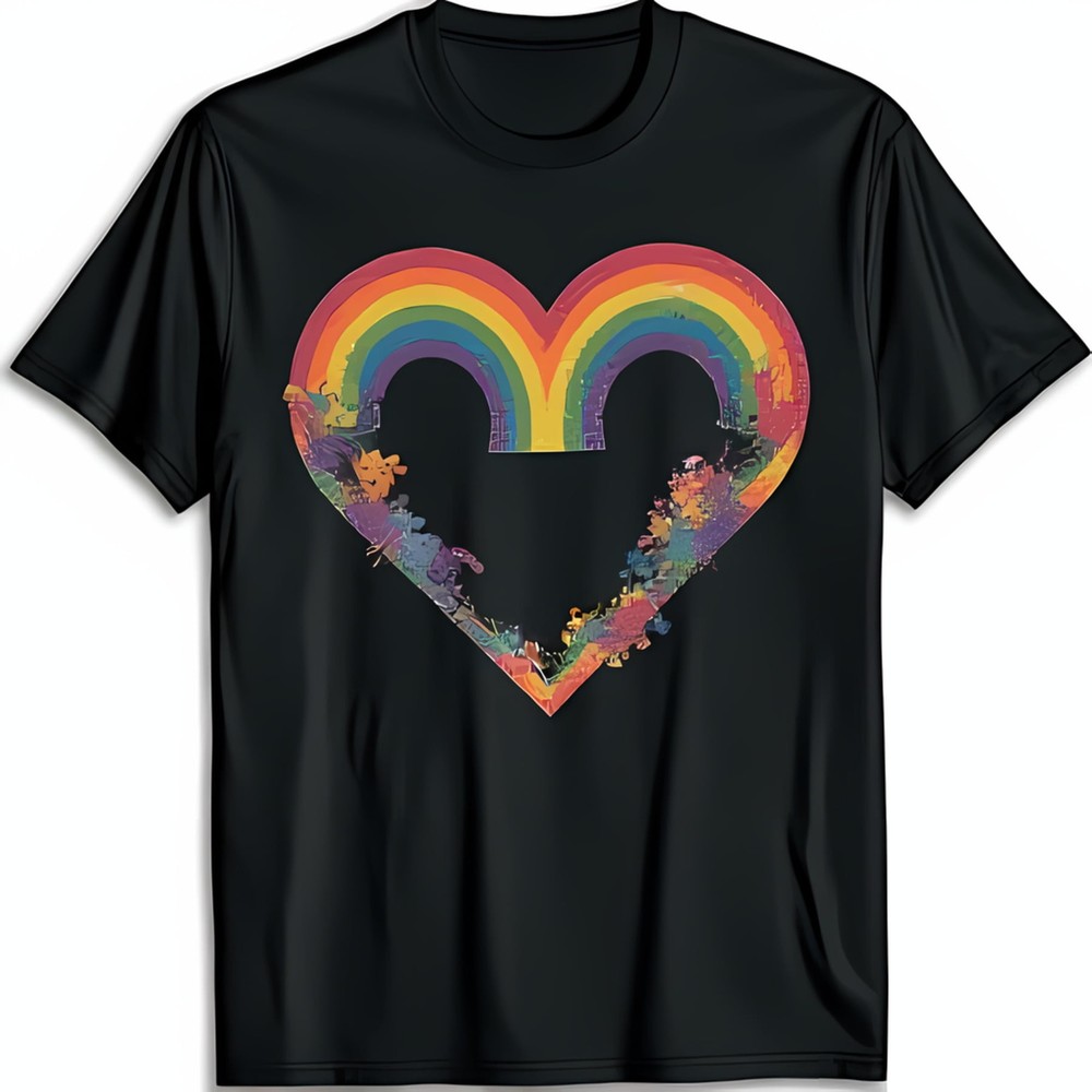 Vibrant Double Rainbow Heart Graphic Black T-Shirt Colorful Abstract Design-image