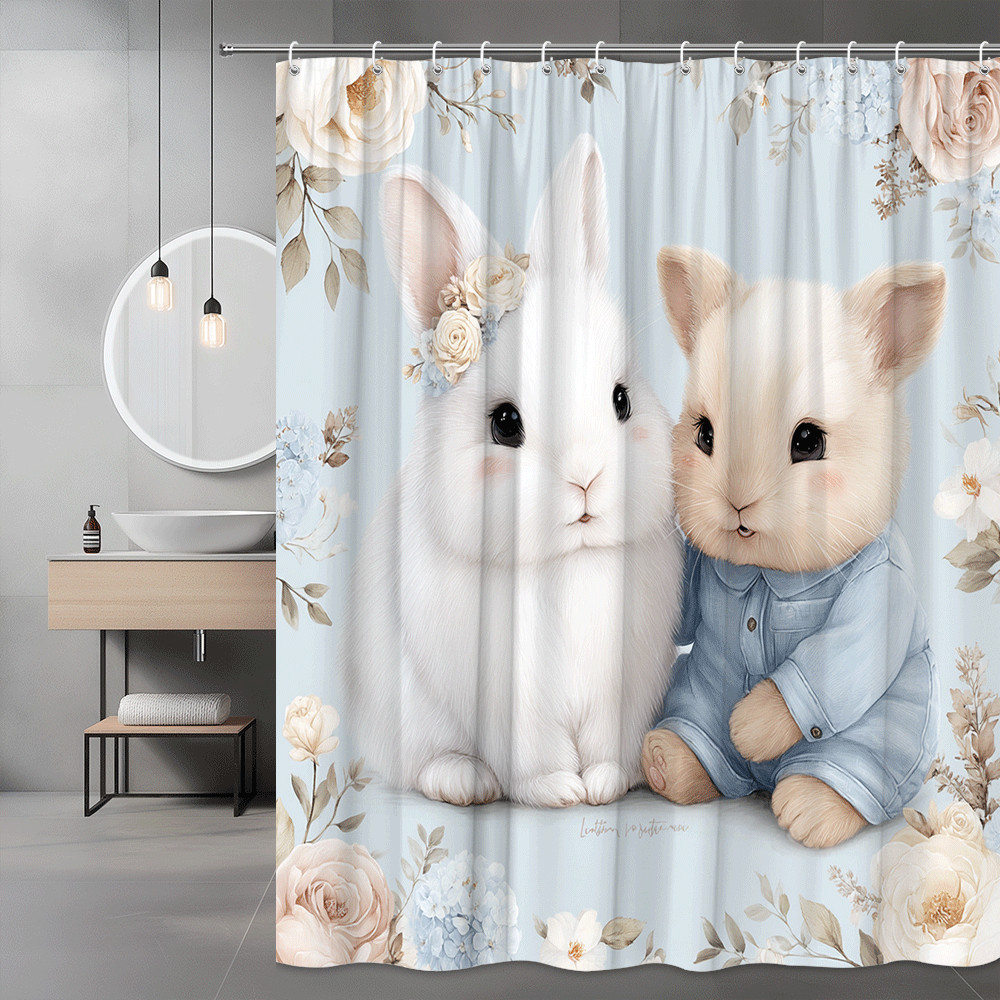 Bunny Shower Curtain Floral Rabbit Print Blue Background