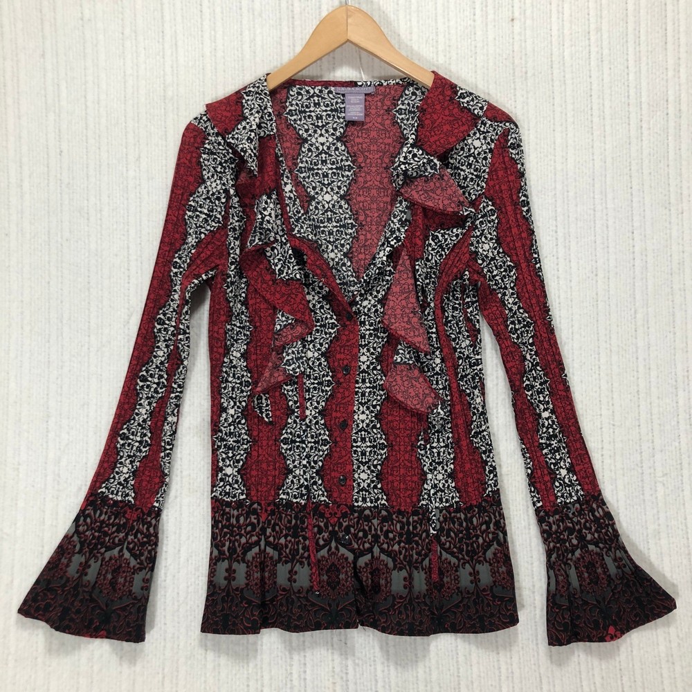 Laura Scott Ruffle Blouse Long Sleeve Button Front Pattern Top Size M/M