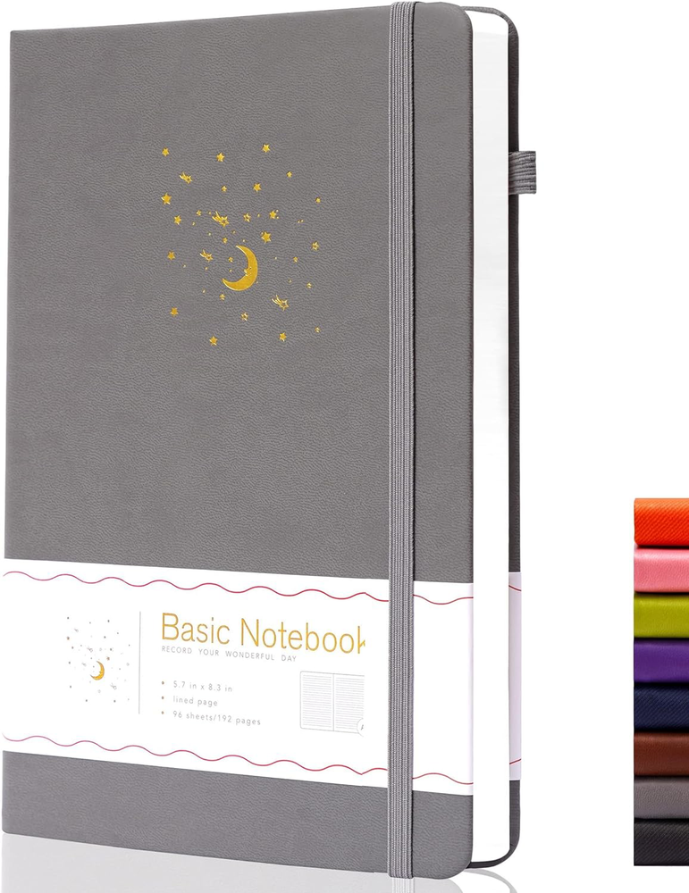 CAGIE A5 Lined Hardcover Journal Notebook with Pen Loop - Gray Ruled Gift