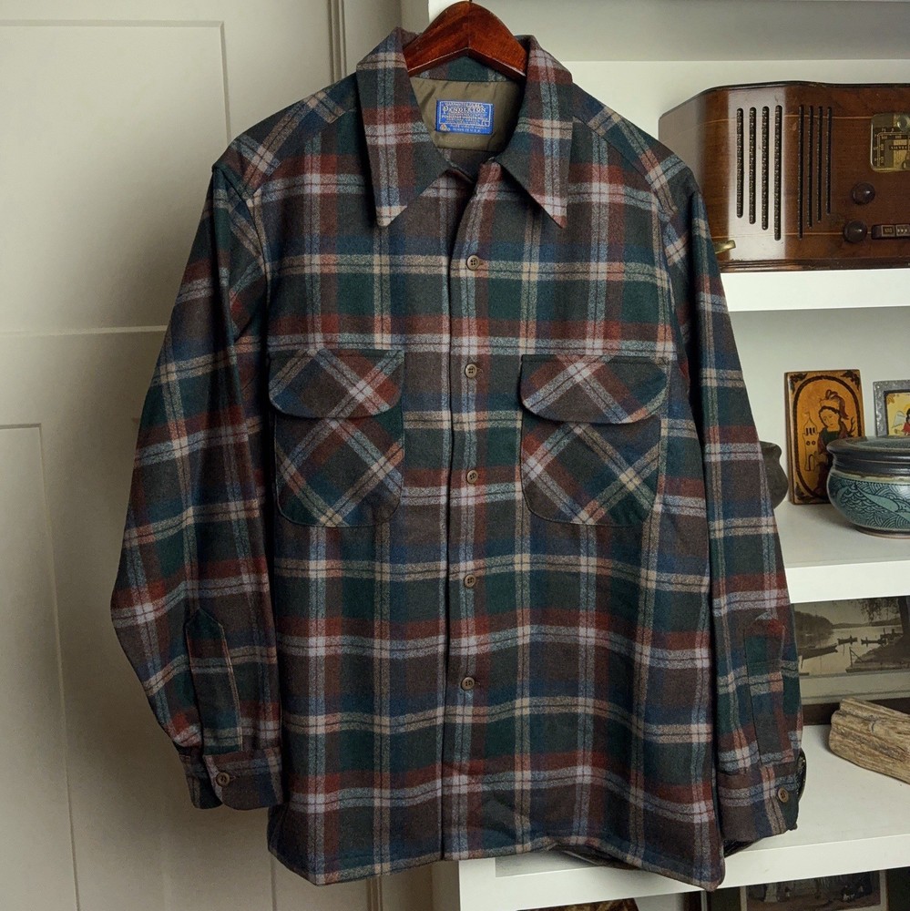 Vintage 60s Pendleton Board Shirt Wool Loop Collar Flannel Size Large