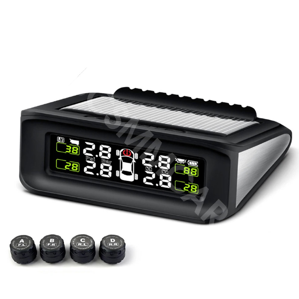 Wireless Solar Car TPMS Tire Pressure Monitoring Alarm System 4 External Sensors