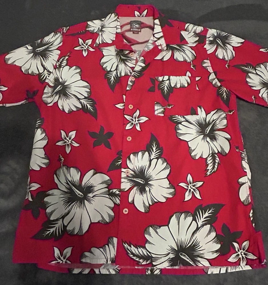 Kirra Hawaiian Shirt Mens L Red Floral Short Sleeve Tropical Button Up Camp