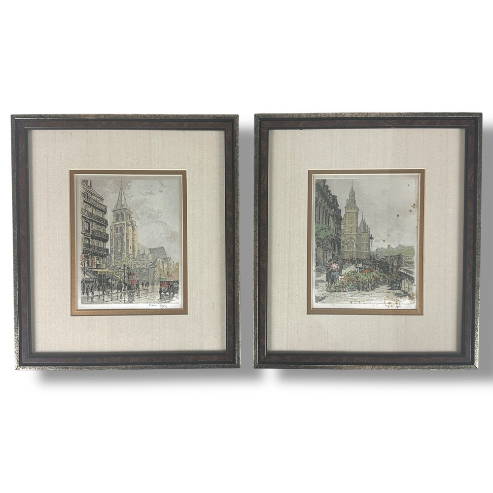 Hans Figura Signed Etching (Pair of 2) Paris Scenes Vintage Matching Frames RARE