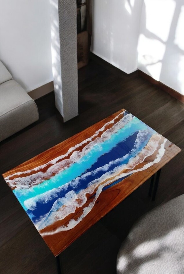 48-Inch Blue Wave Epoxy Resin Dining Table with Acacia Wood Base-image