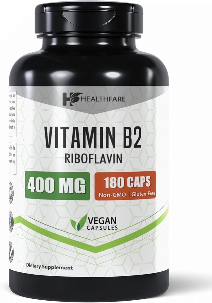Healthfare Vitamina B2 400mg | 180 Cápsulas | Riboflavina | Sin Gluten | Hecho en H
