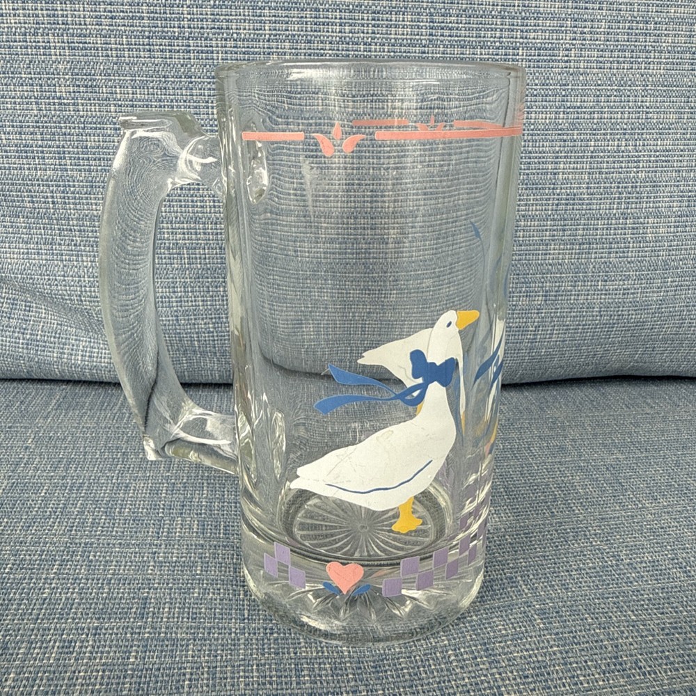 Libbey Country Geese Glass Mug Pink Heart Vintage Cup Beer Irish Coffee 1980s