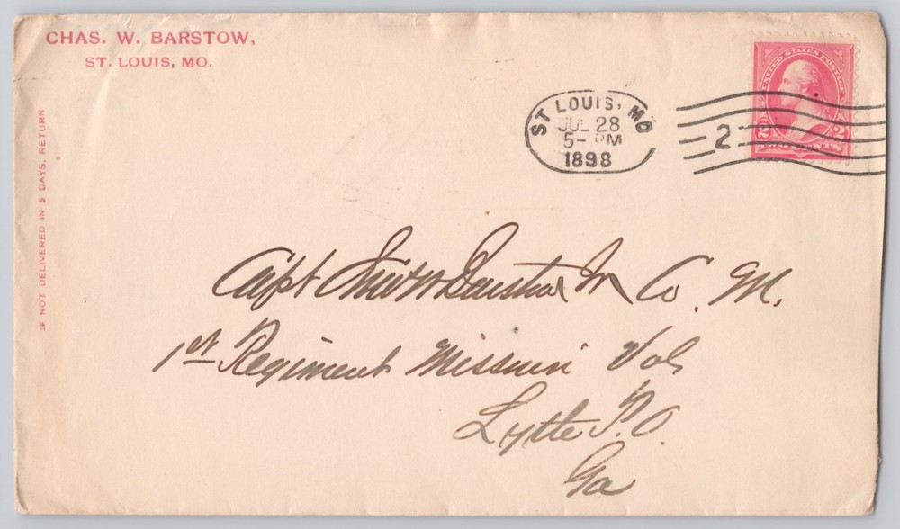 St. Louis, MO, Chas. W. Barstow envelope to 1st Vols, Un 1898 Postal History
