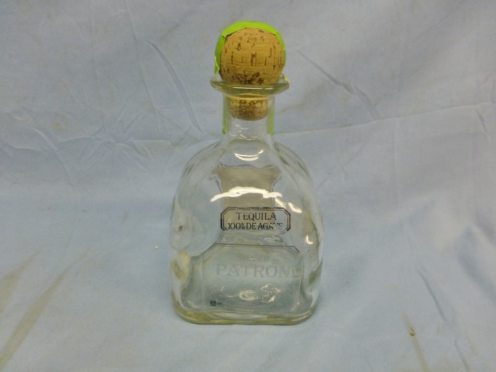 PATRON Silver Tequila Glass Bottle 750 ml, w/Cork Stopper Empty Collectible