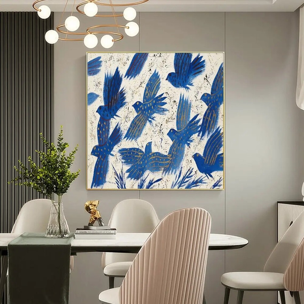 Handmade Abstract Blue Pigeon Flowers Landscape Large Modern Art Living Room