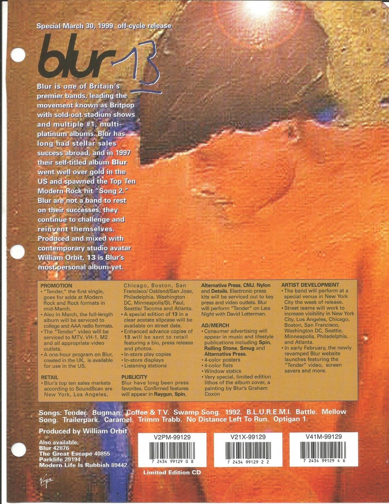 Gorillaz BLUR Rare VINTAGE 1999 PROMO TRADE AD Poster for 13 CD MINT 8.5x11
