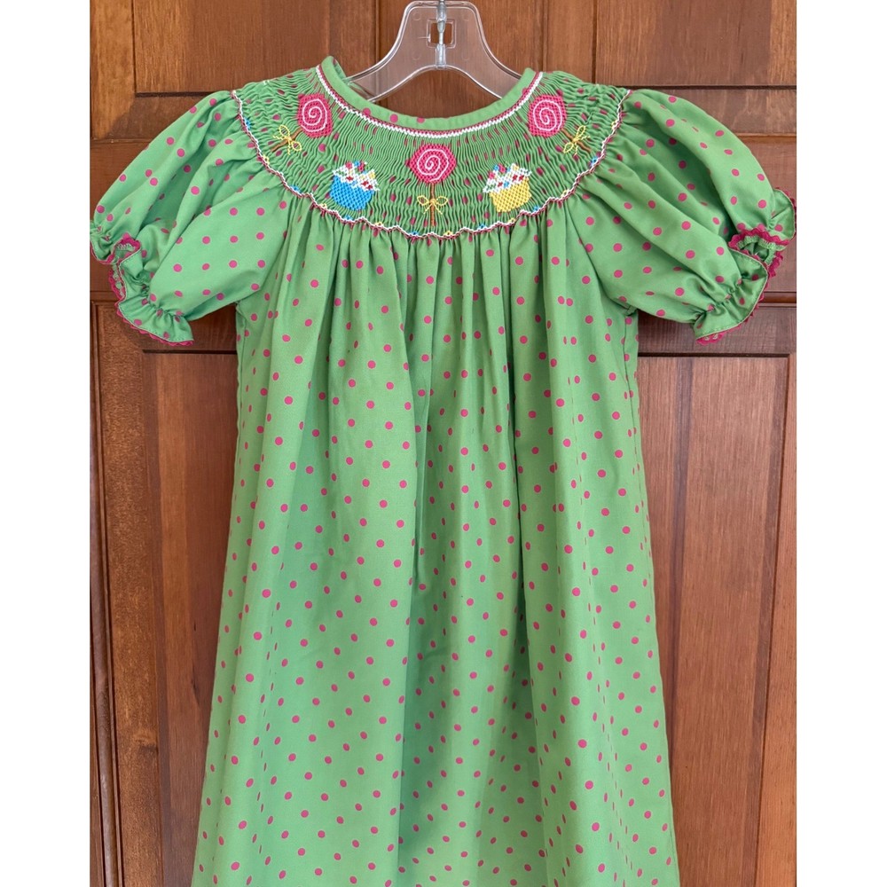 ANAVINI Hand Smocked Dress Girls Size 4T Green Cotton Cupcake Southern Classic