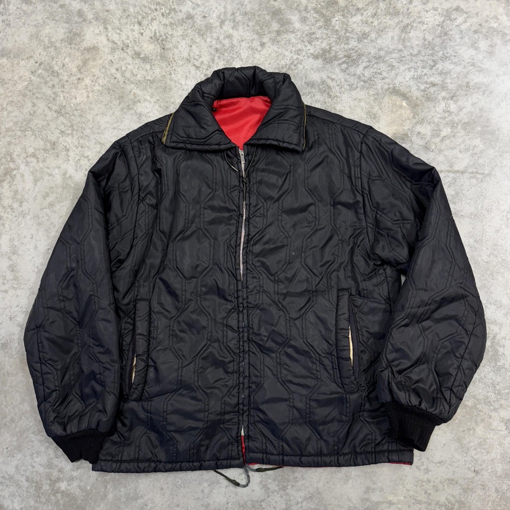 Vintage Quilted Jacket Mens XL Black Red Nylon Reversible Hooded Talon Zip 70s