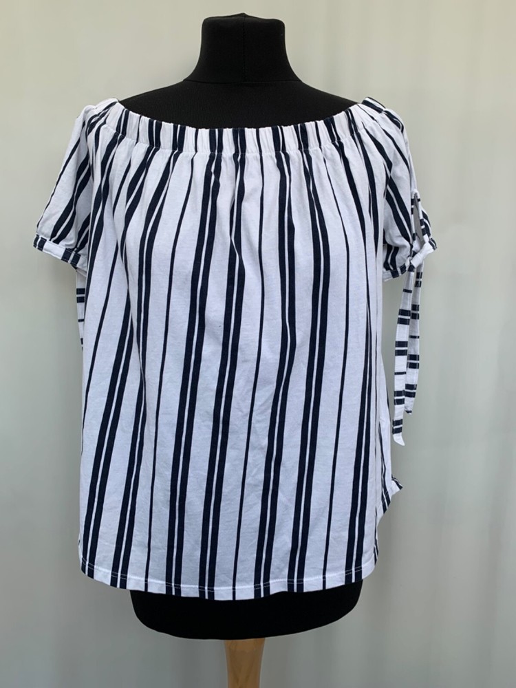 H&M Blue White Stripe Cotton Top Size S off shoulder womens