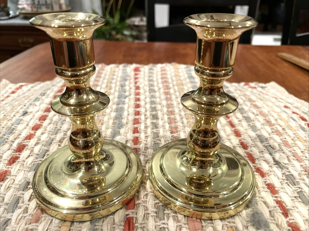Vintage Baldwin Made In USA 5” Solid Brass Candlesticks Set ~ Colonial Classic