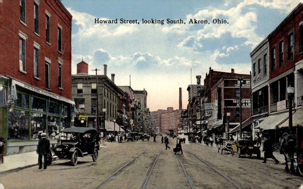 C1915 Howard Street Akron Ohio Hand Colored Litho Vintage Postcard Curt Teich