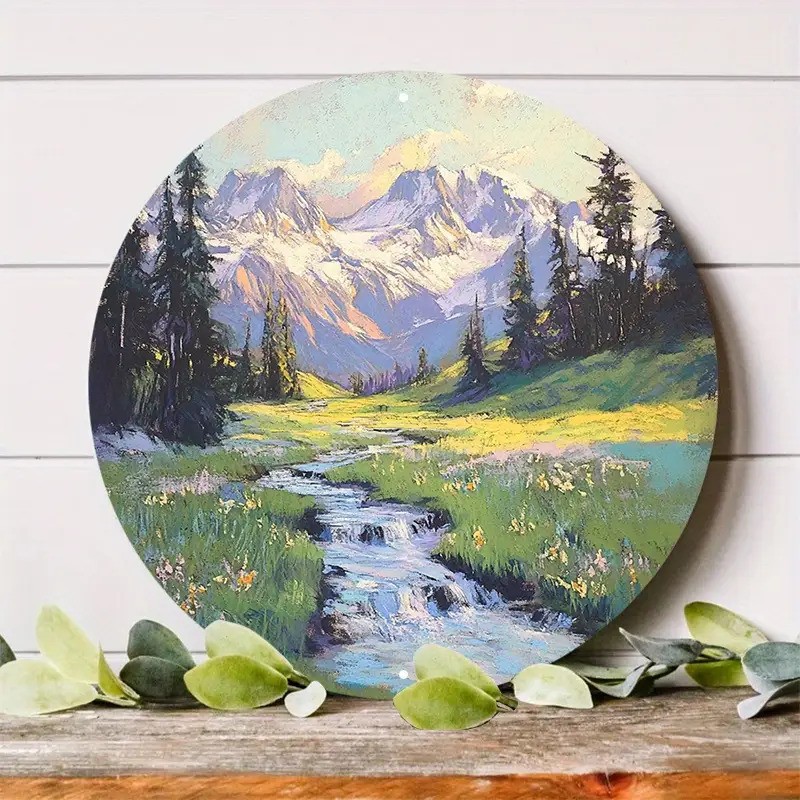 Round Mountain Lake Landscape Aluminum Metal Sign SnowCapped Mountains Pines