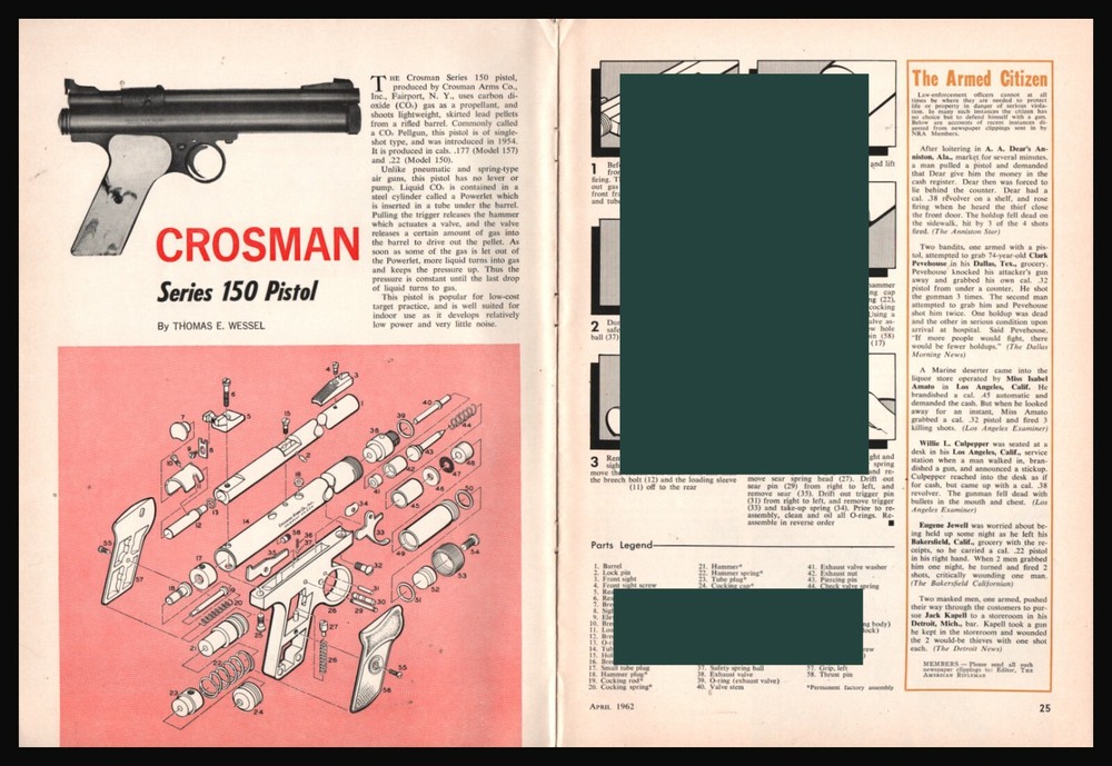 1962 CROSMAN Series 150 Pistol Exploded Parts List  Disassembly Assembly Article