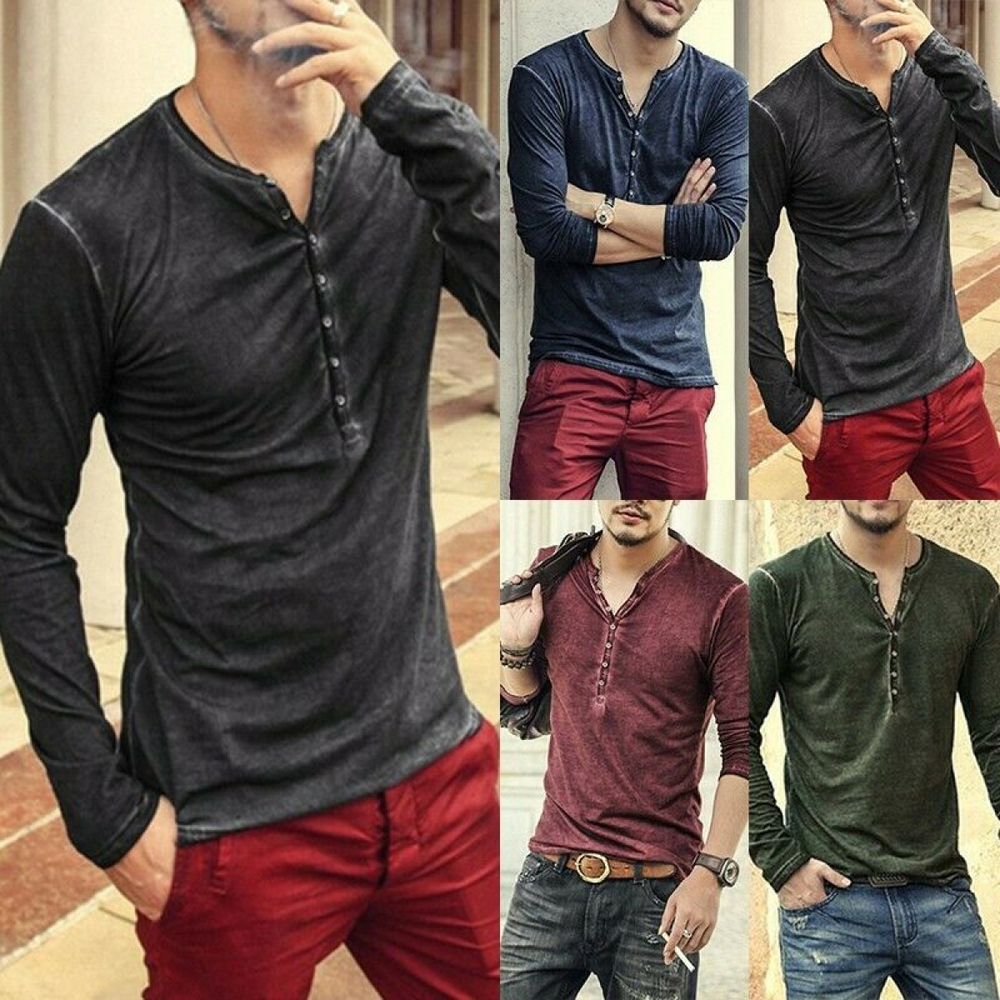 Mens Summer Cotton Henley T-shirt Long Sleeve Casual Solid Shirts Blouse Tops