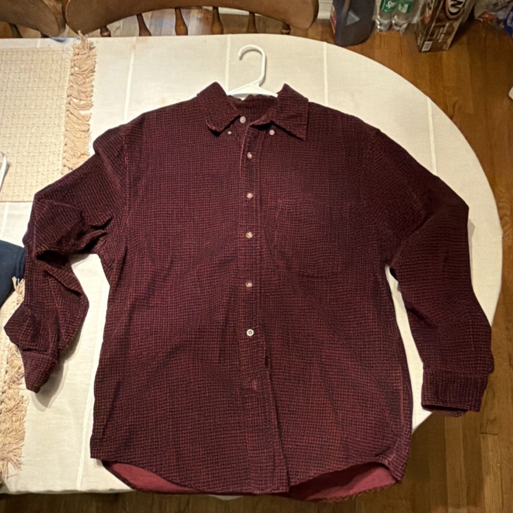 Eddie Bauer Men's S Button-Up Shirt Check Burgundy Cotton Long Sleeve