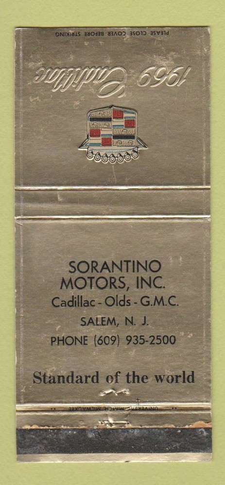 Matchbook Cover - 1969 Cadillac Sorantino Oldsmobile Salem NJ WEAR 30 Strike