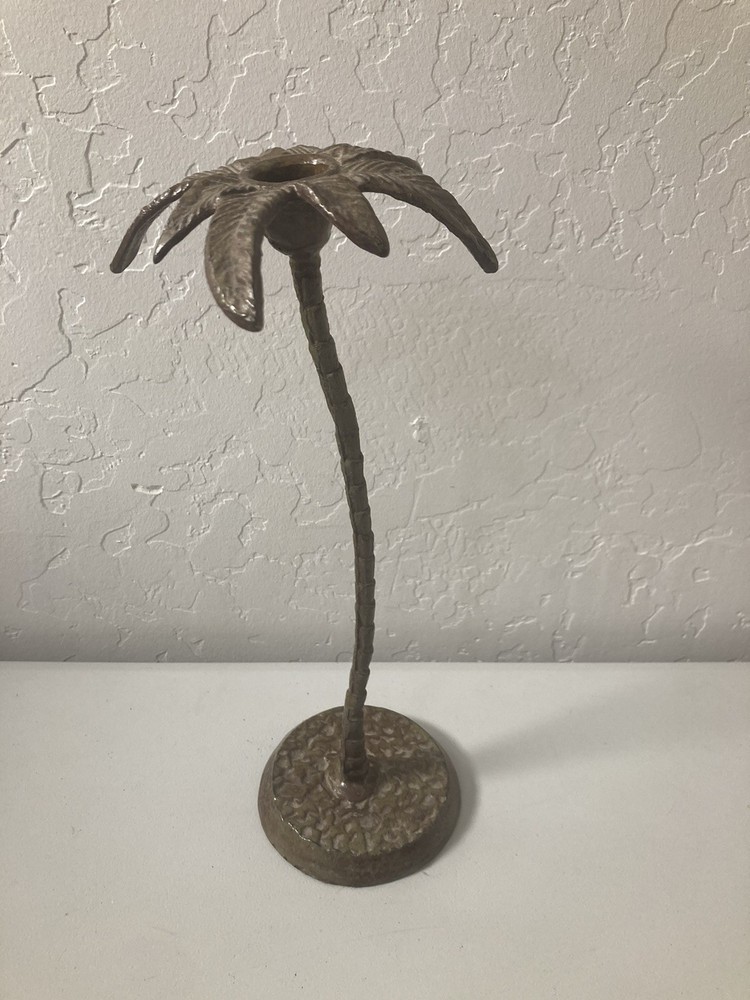 Palm Tree Metal Taper Candle Holder Tabletop Tropical Green Patina Retro Vintage